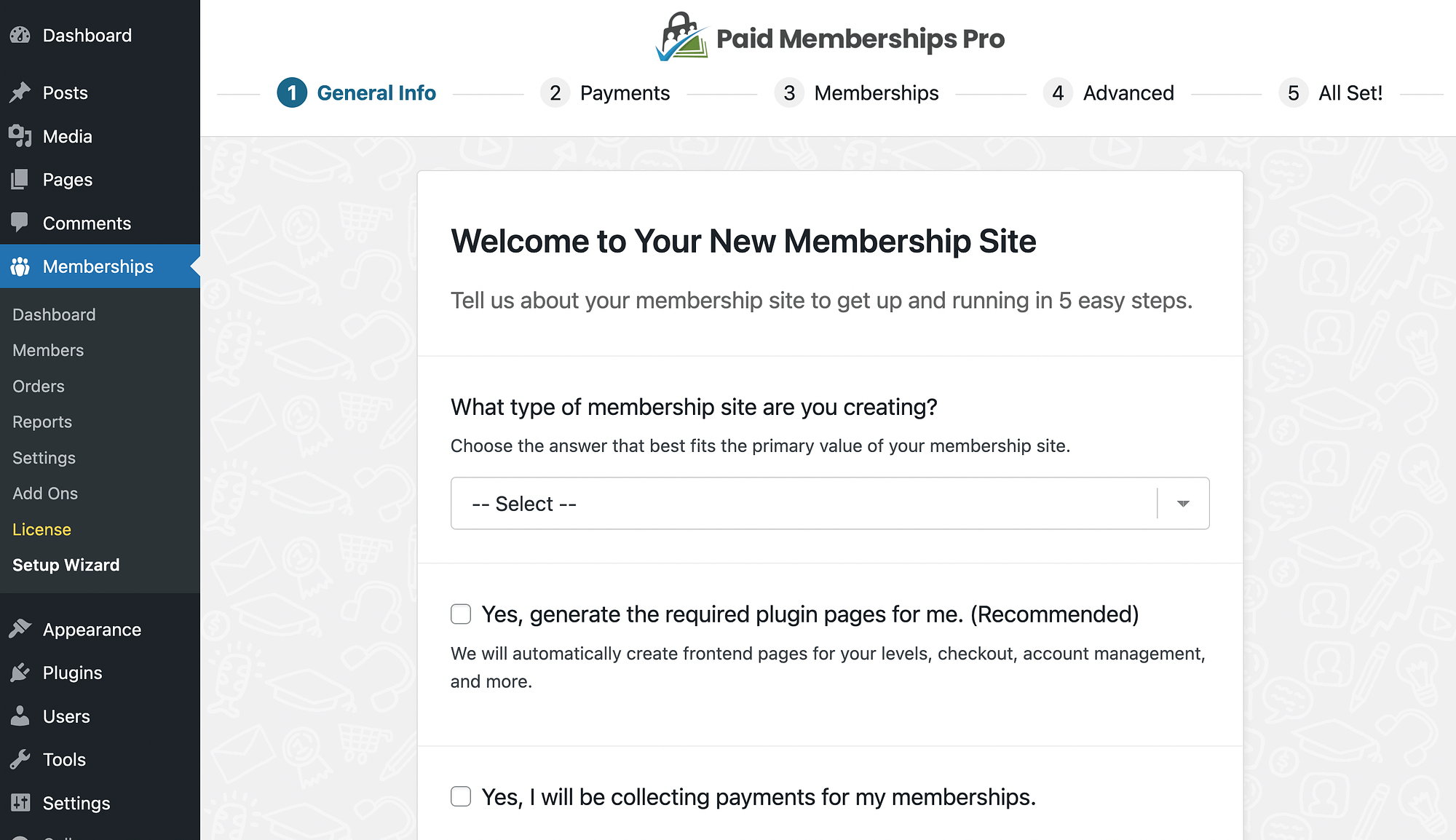 Paid Memberships Pro setup wizard.