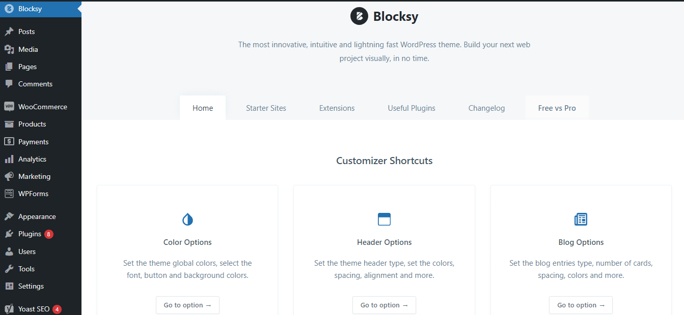Blocksy shortcuts.