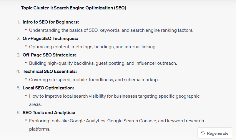 Topic cluster for SEO generated by ChatGPT.