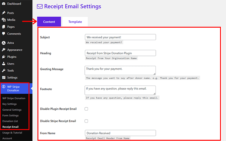 Configuring Receipt Email Settings