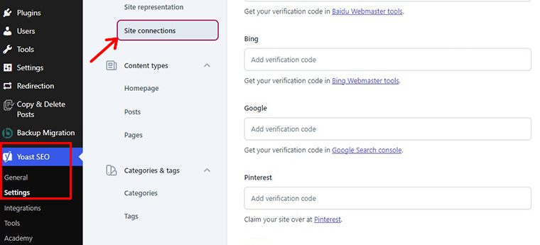 Go To Yoast SEO Settings And Site Connection