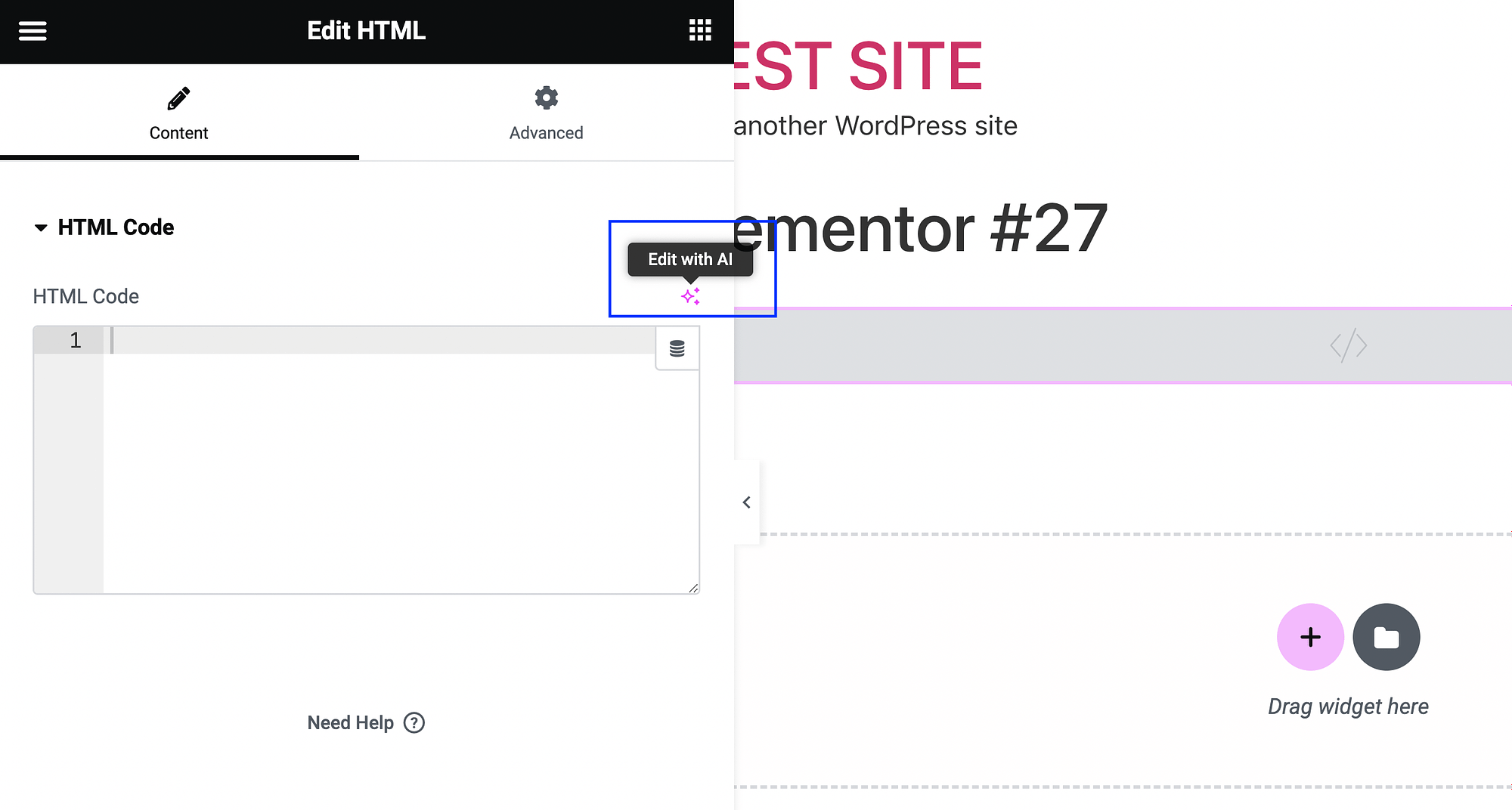 Opening Elementor AI in the HTML widget.