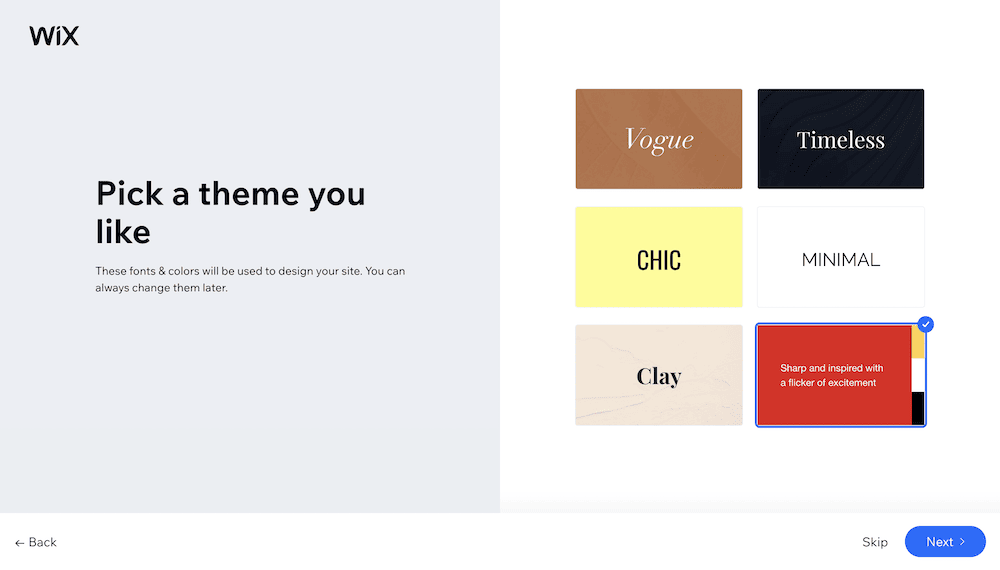 Choosing a theme from the Wix setup wizard.