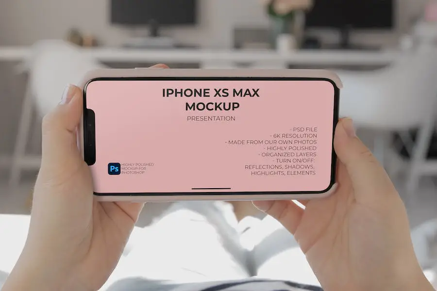 Woman's Hand Hold iPhone Xs Max Mockup at Home - 
