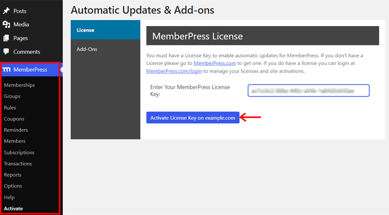 Activate the MemberPress License Key - LearnDash Comparison