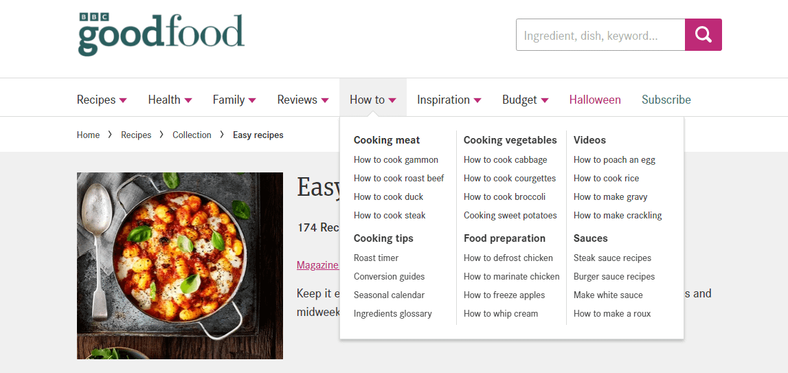 An example of hierarchical site structure on the BBC goodfood site.