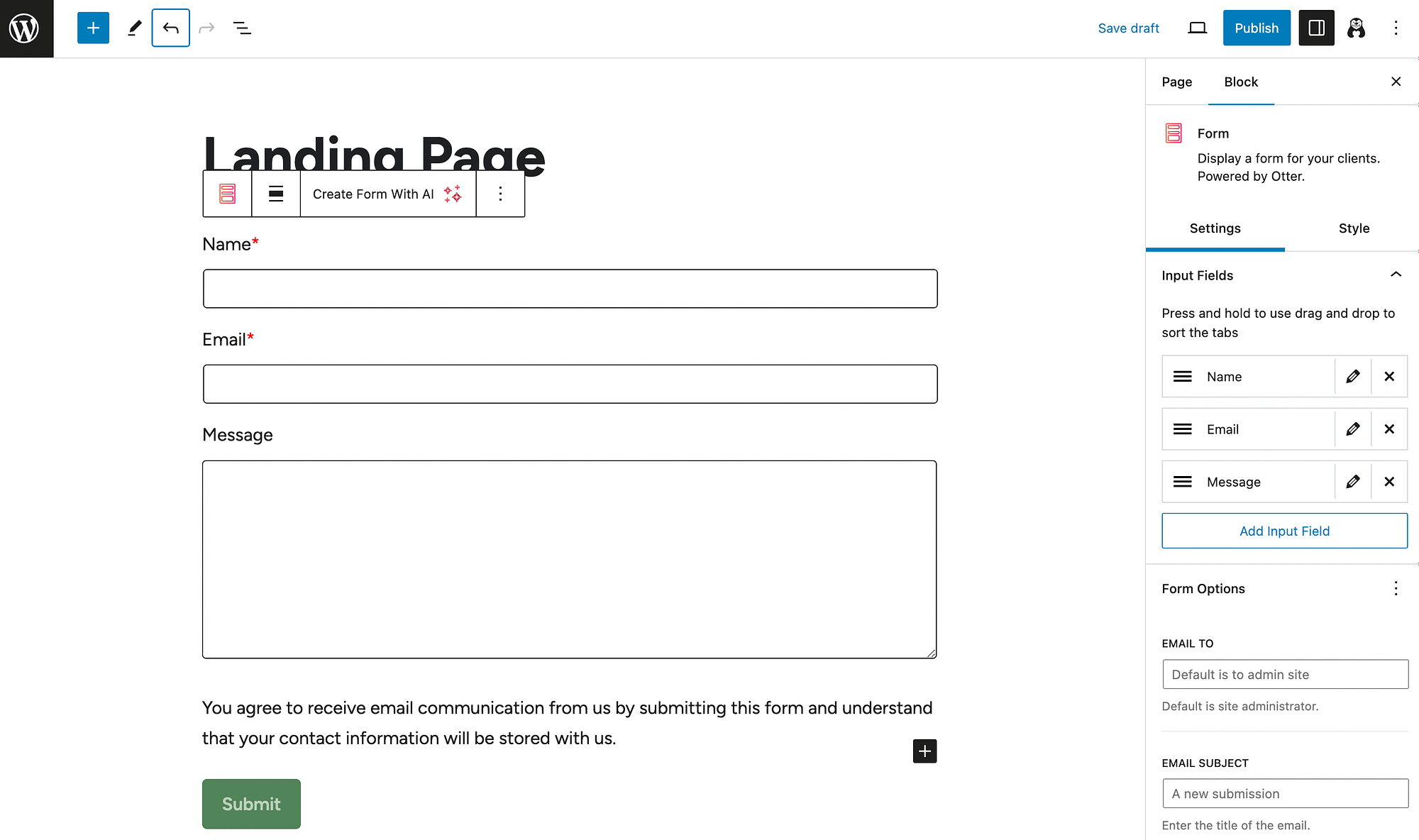 Customizing the fields on your landing page's form block.