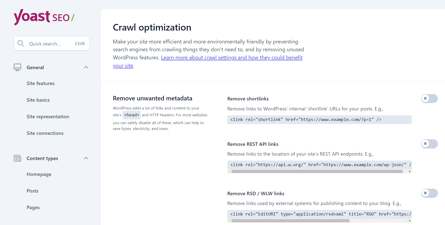 Crawl optimization settings for Yoast SEO.