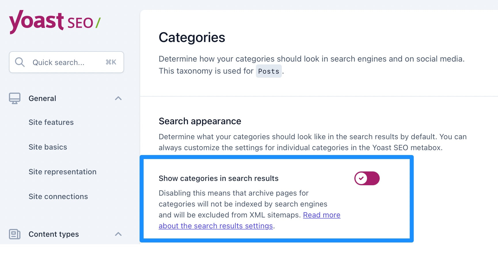 Disabling Google from indexing categories via the Yoast SEO plugin.