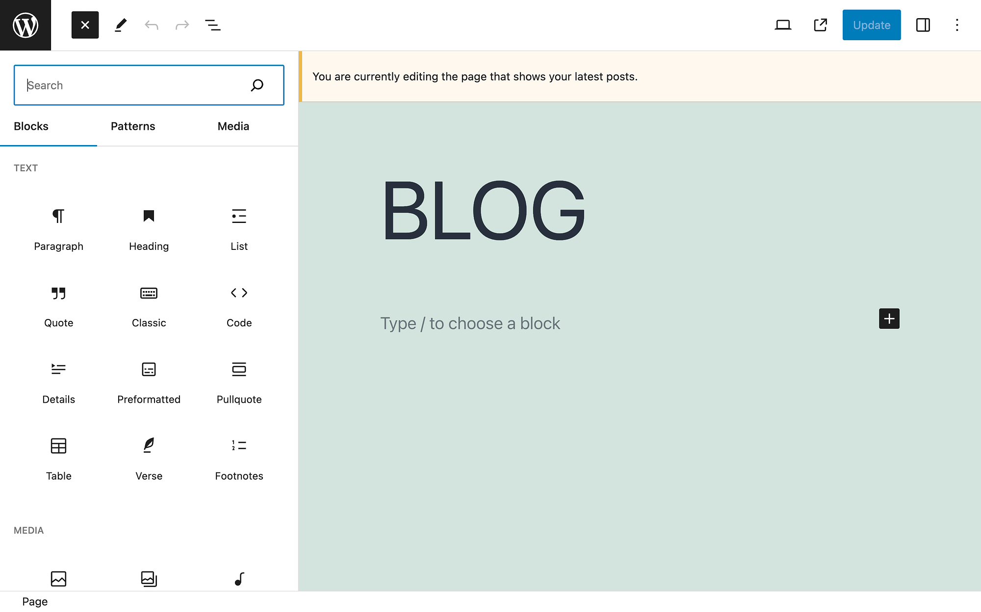 Editing your WordPress blog page using the block editor.