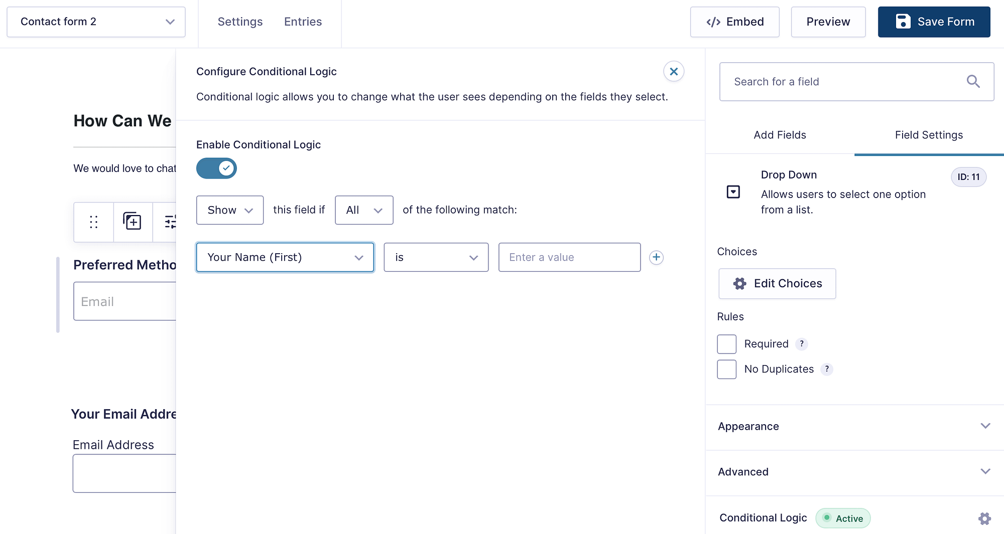 Setting up conditional logic in Gravity Forms form builder.