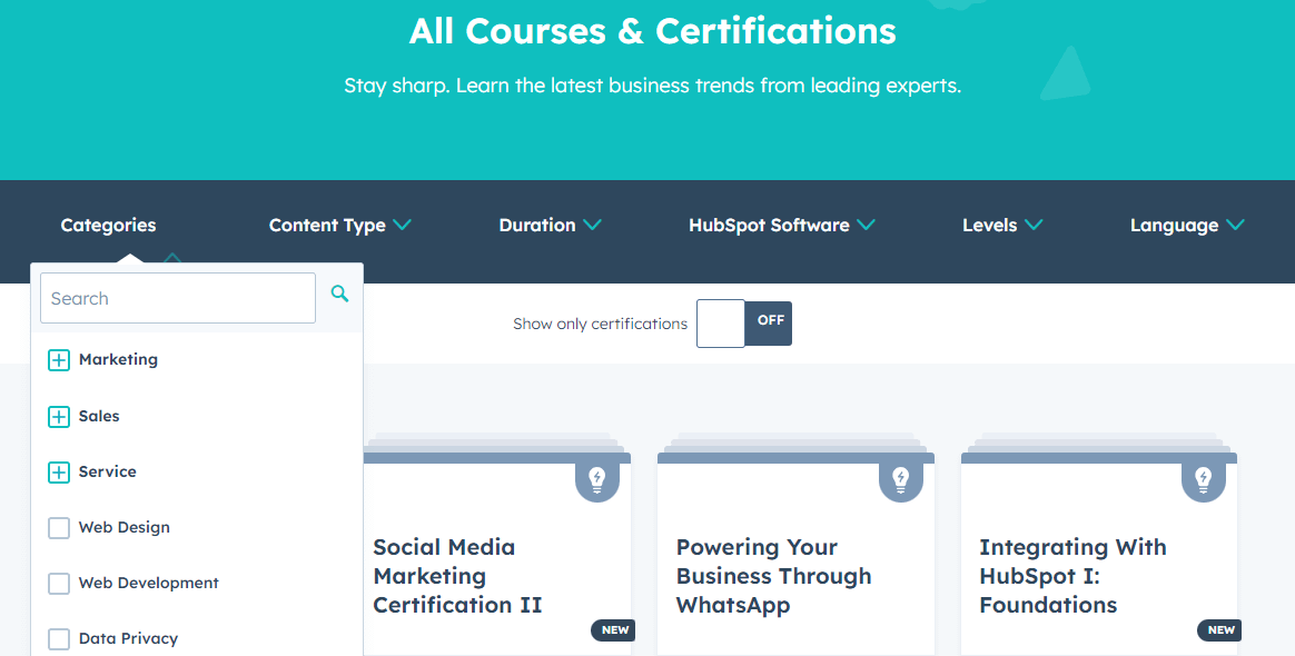 HubSpot Academy showing how they structure their online courses and certifications.