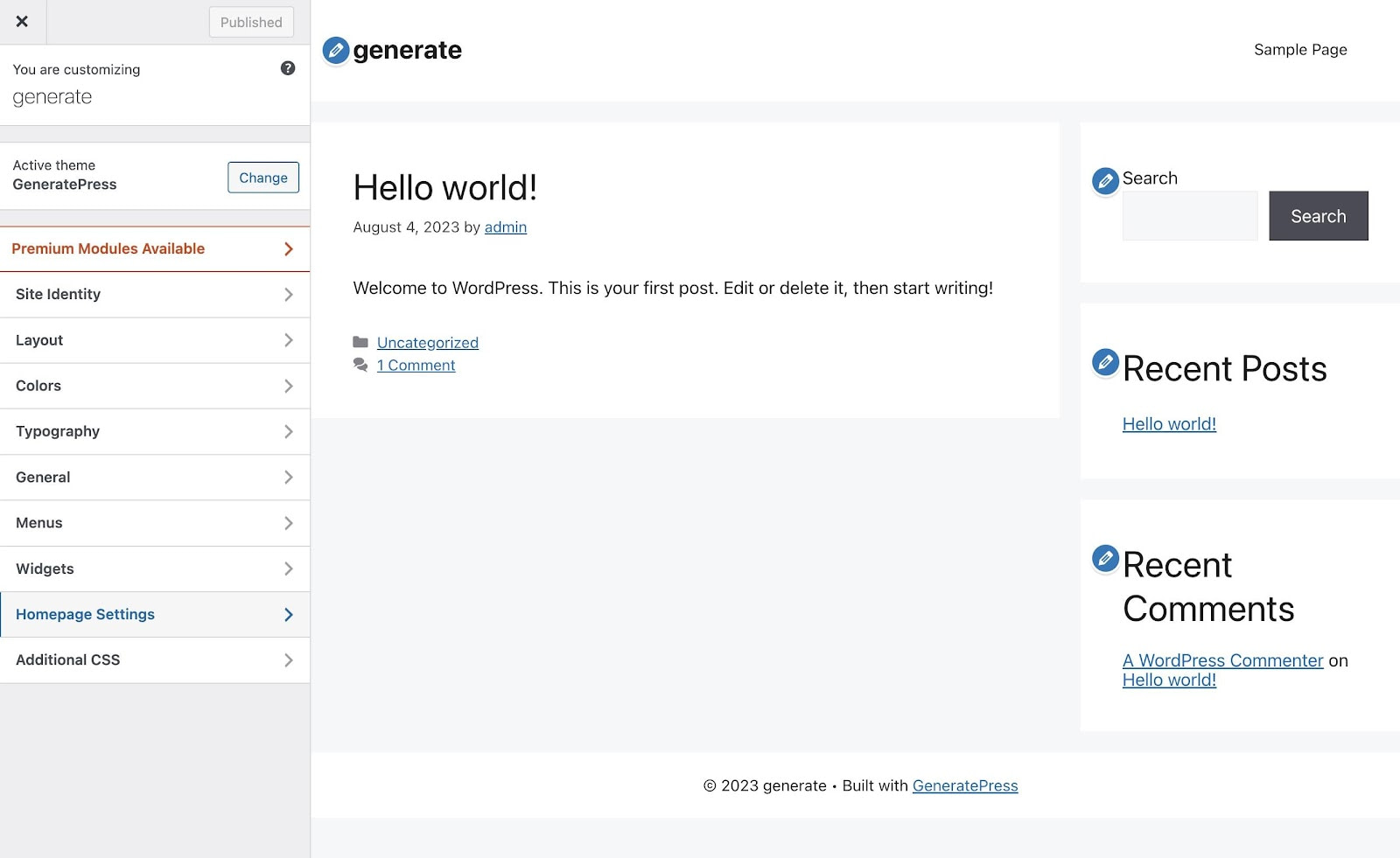 The customizer of GeneratePress.