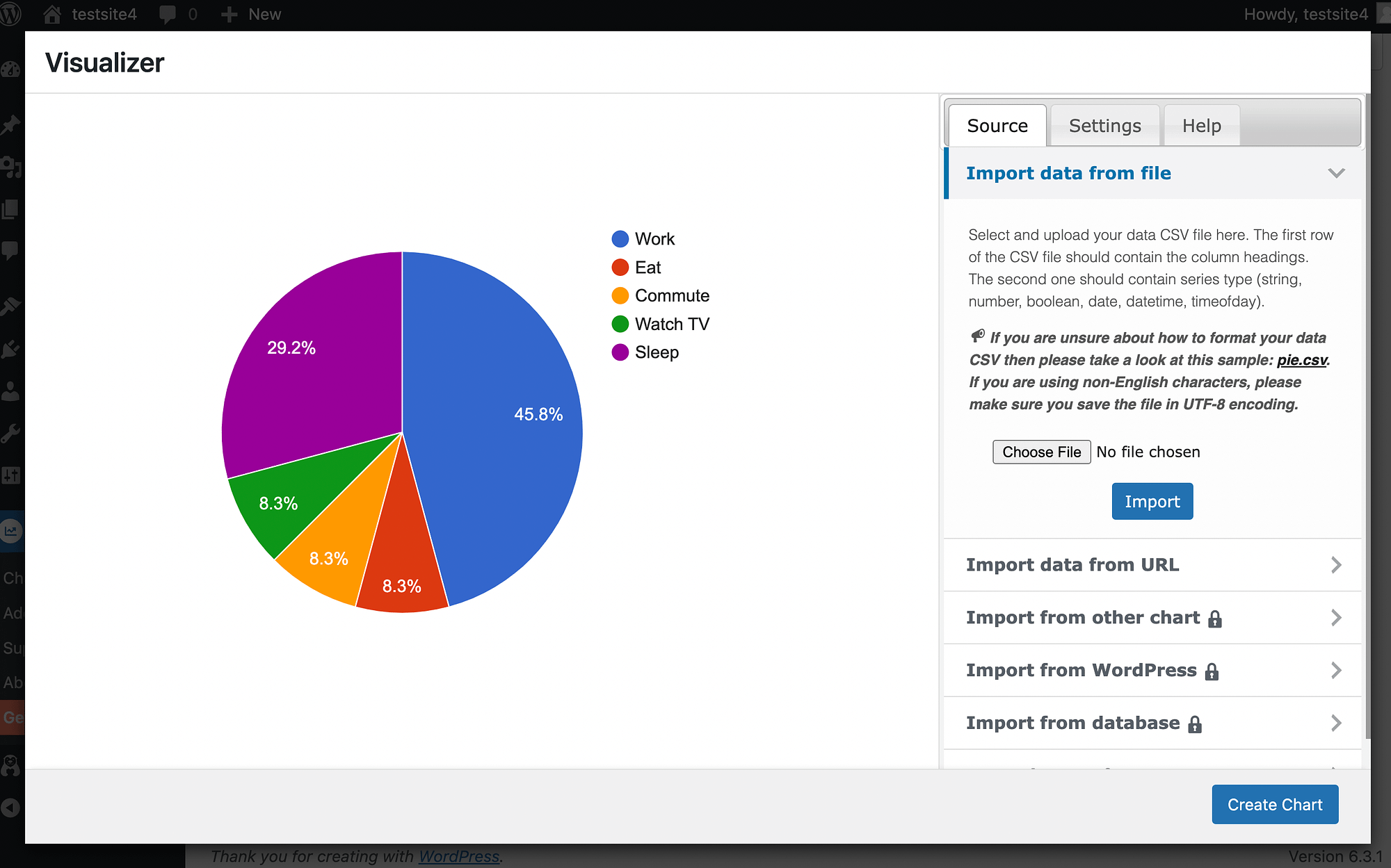 Inputting a data source for a pie chart in the Visualizer plugin.