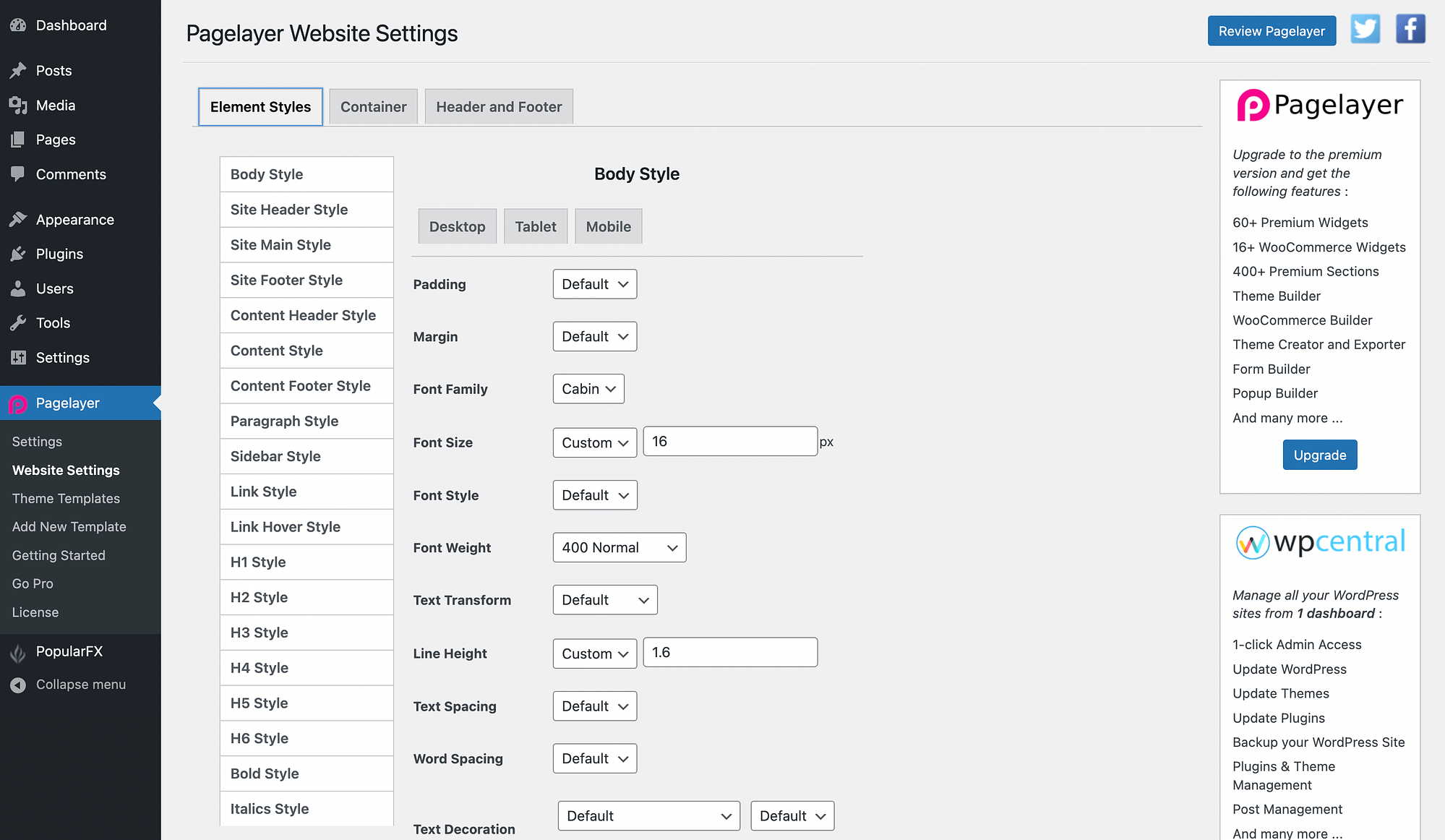 Pagelayer website settings.