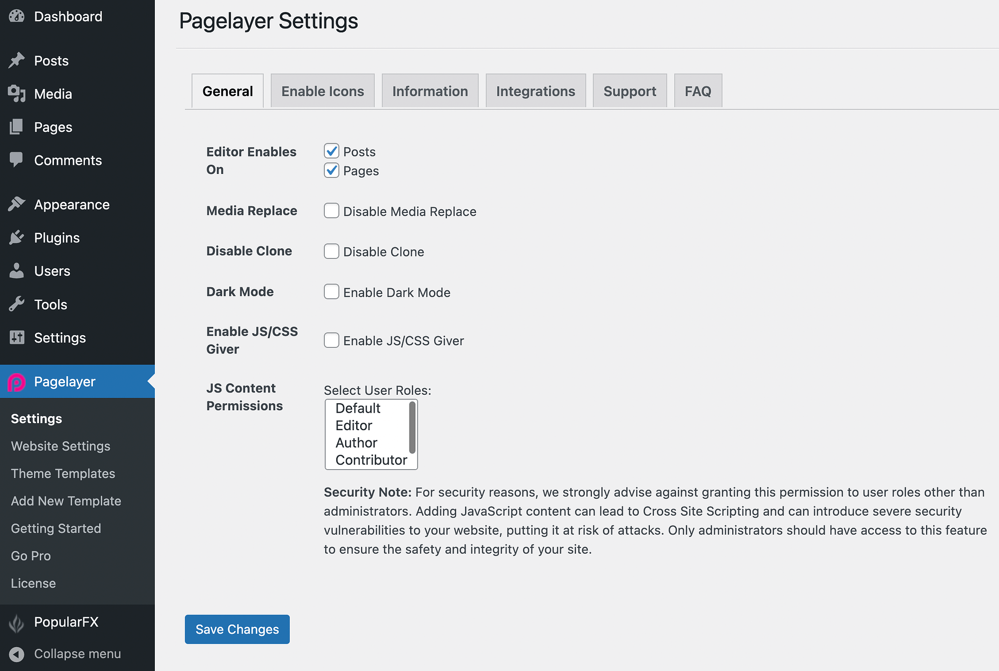 Pagelayer plugin settings.