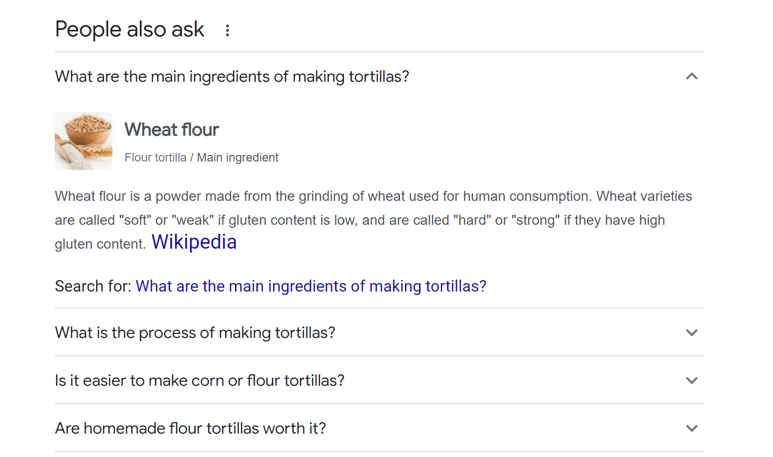 What is a SERP and what are People Also Ask sections, answered through an example of a SERP for "tortillas".