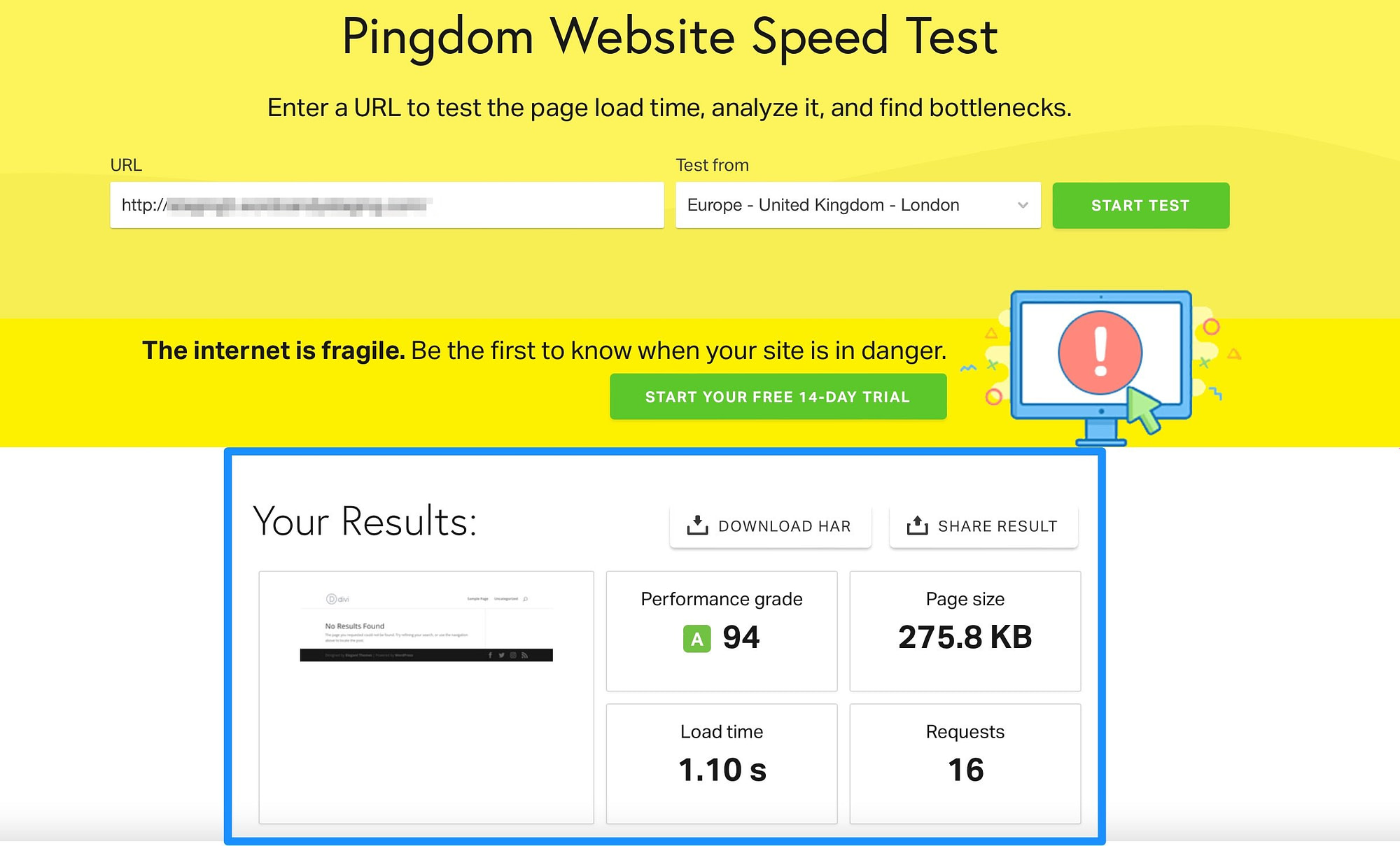 Pingdom website speed test results that we conducted as part of our Divi theme review.
