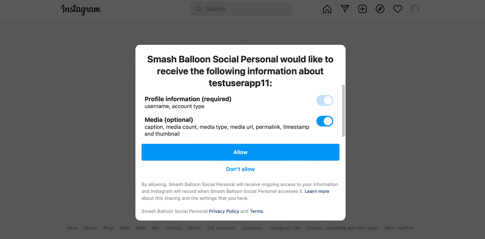 Smash Balloon Instagram permissions.