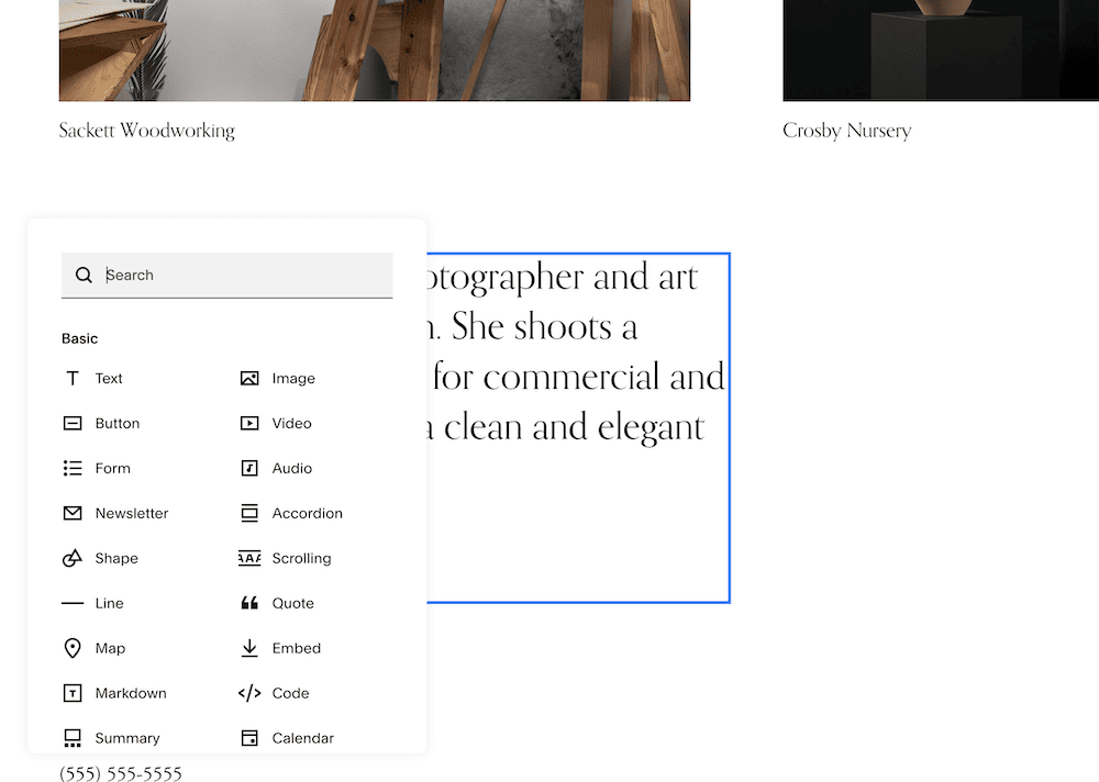 The Squarespace site builder editor.