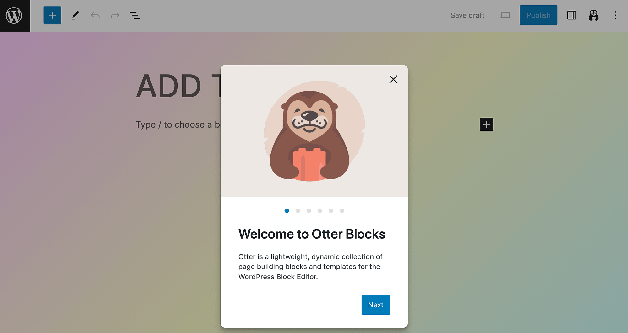Otter Blocks welcome message in the WordPress Block Editor.