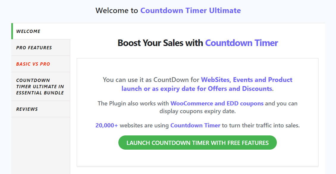 The welcome page in Countdown Timer Ultimate.