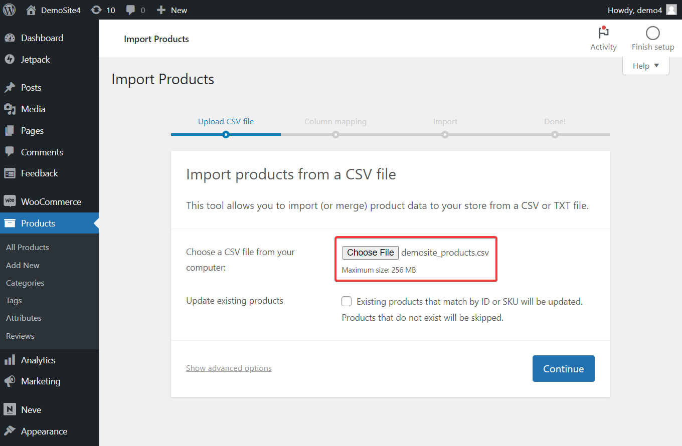 The WordPress import feature showing the process of importing Amazon products to WooCommerce.