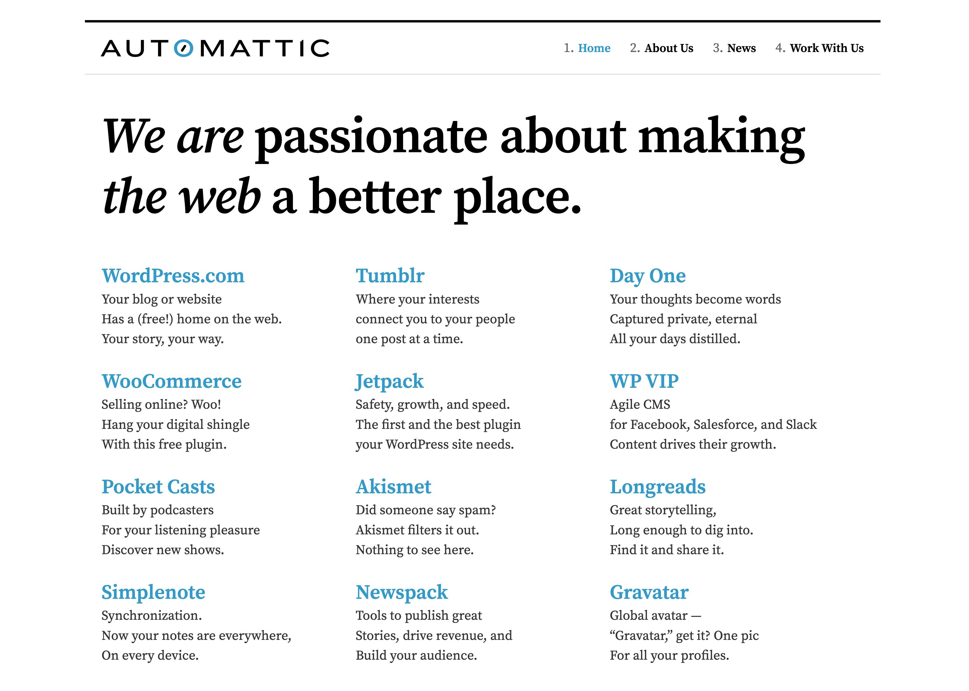 The Automattic website and its main products.