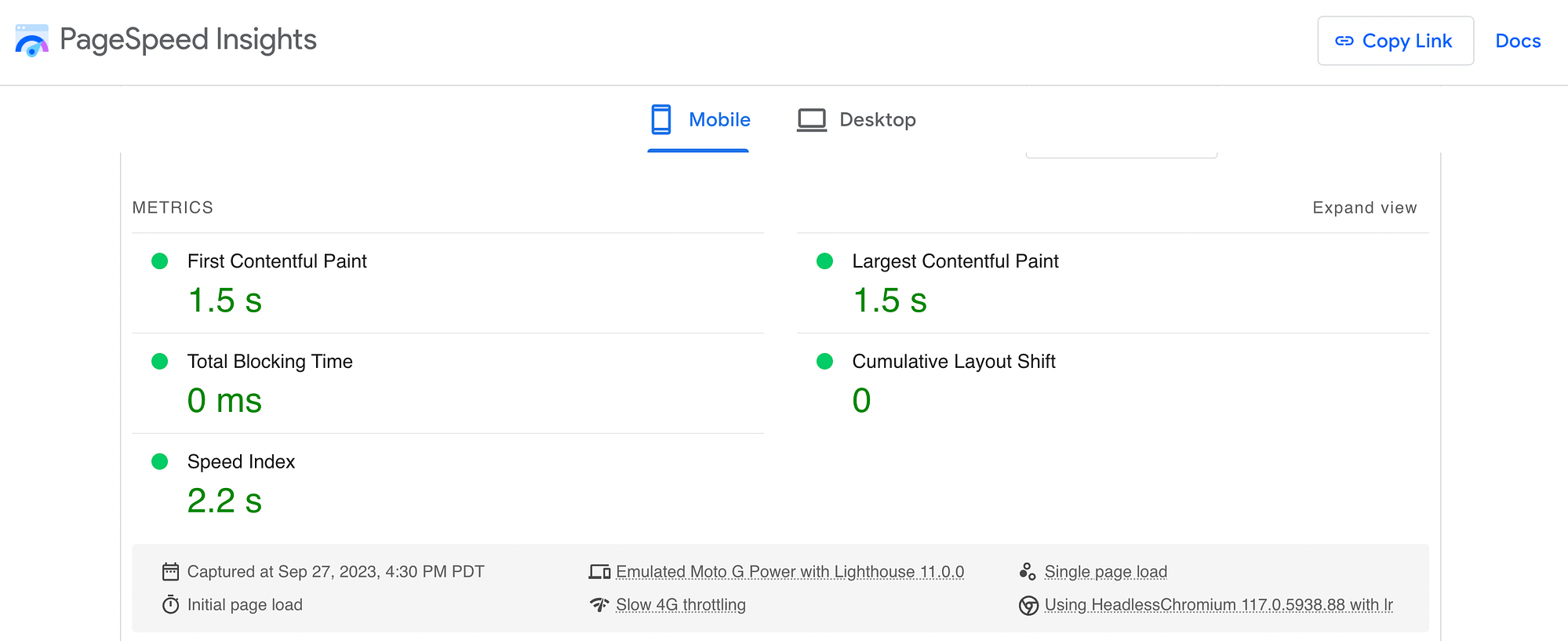 WP Super Cache website's speed scores with default settings.