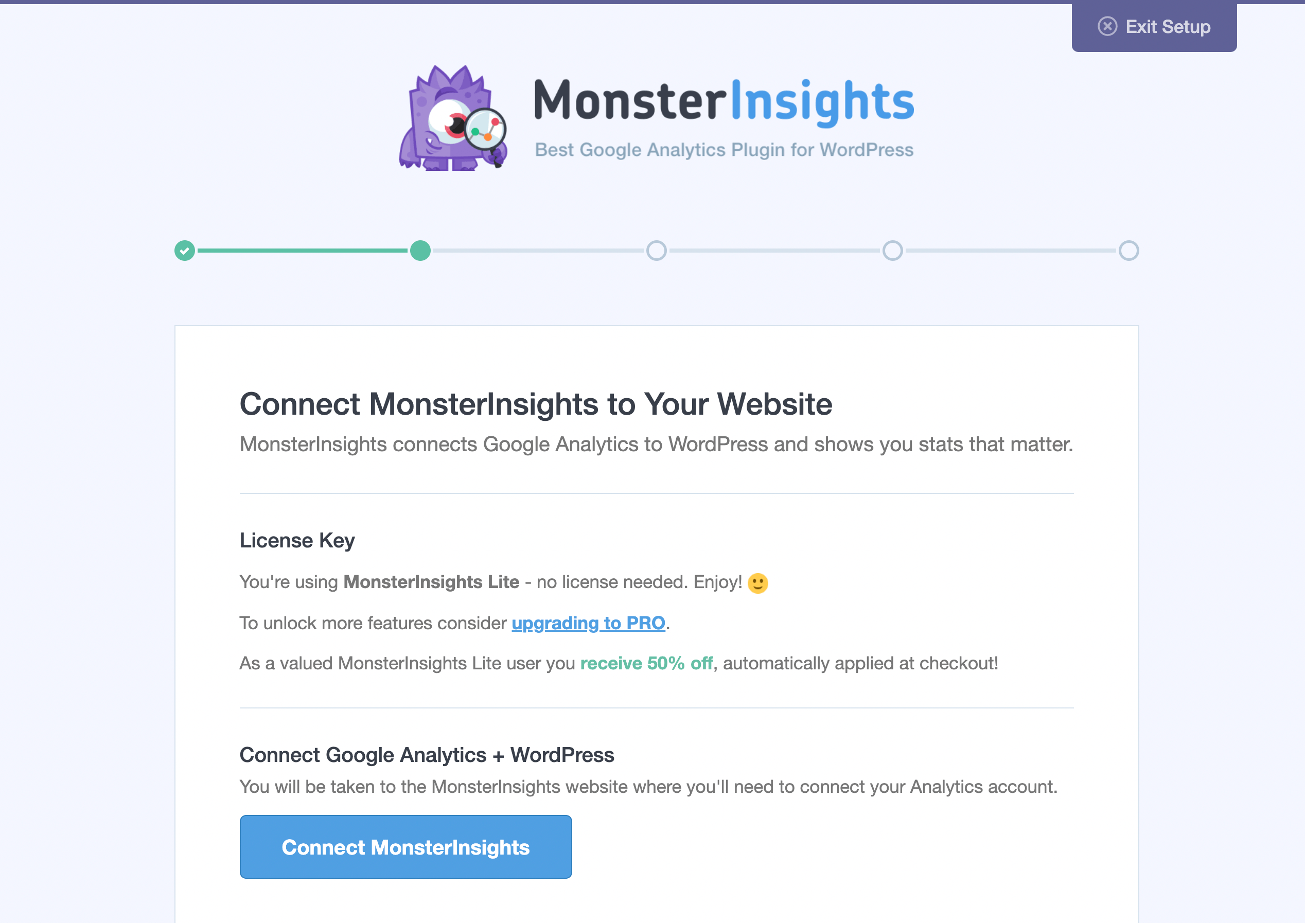 Connect MonsterInsights to Google Analytics + WordPress.