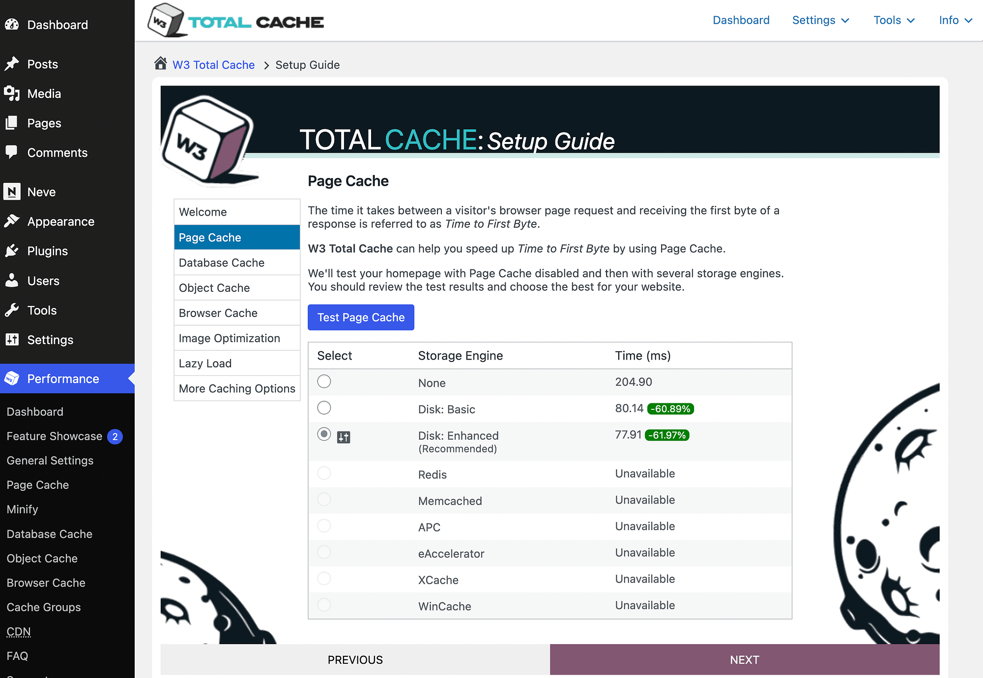 Testing your page cache in W3 Total Cache.