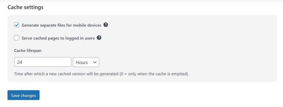 Cache settings for WP Optimize.