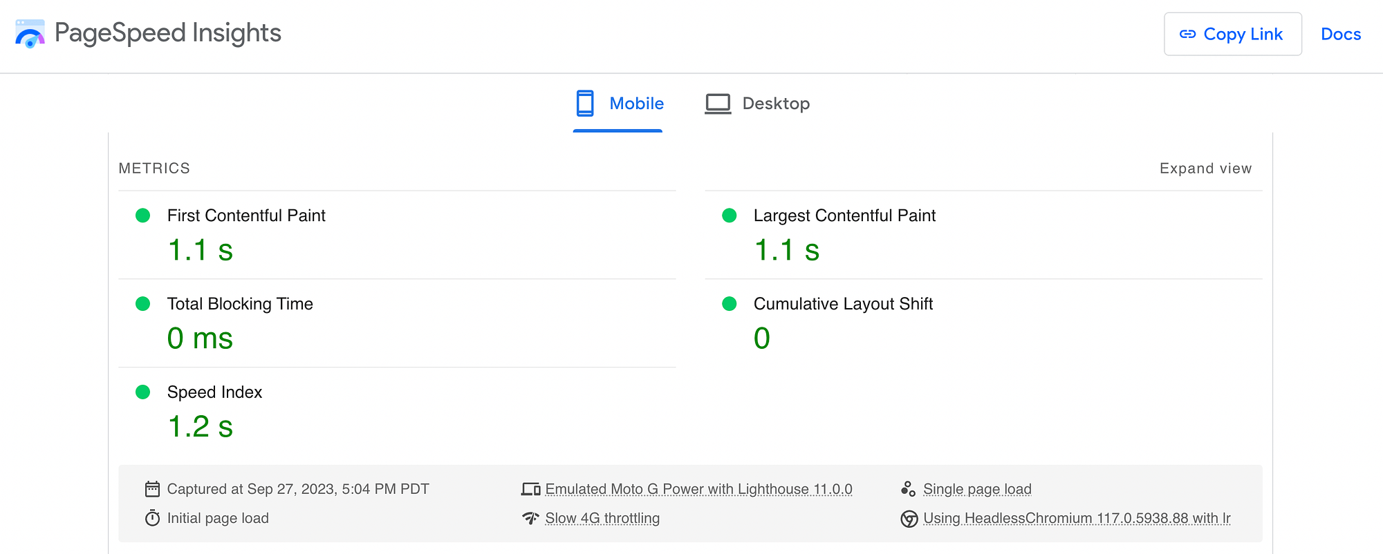 WP Super Cache website's speed scores after further setting customizations.