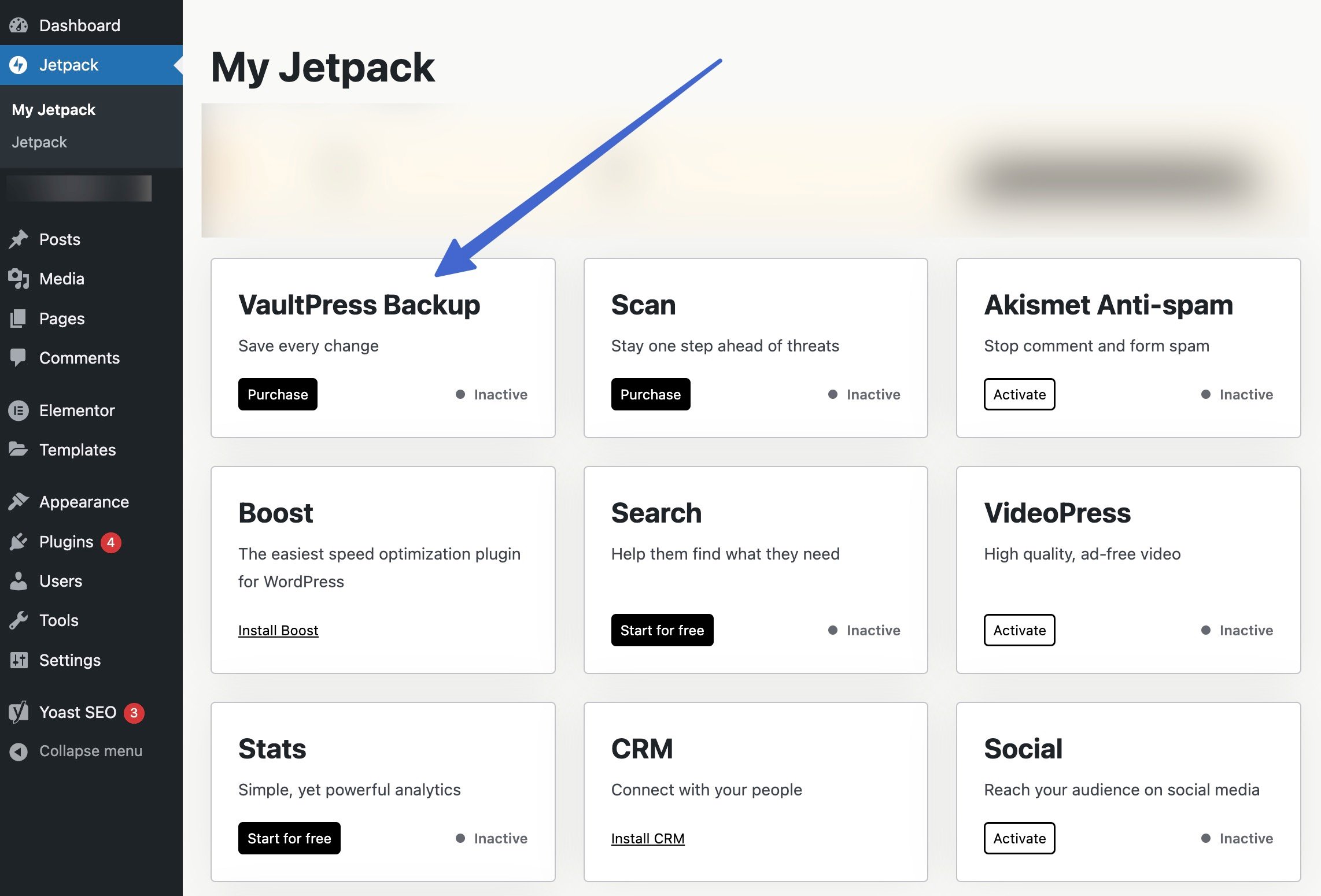 My Jetpack page and finding VaultPress Backup feature when comparing UpdraftPlus vs Jetpack.