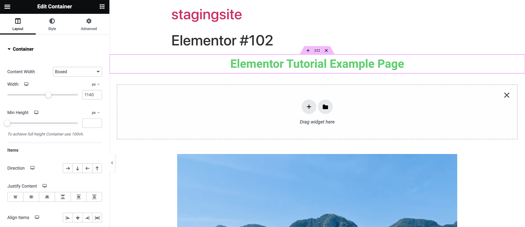 Adding a container on an Elementor page.