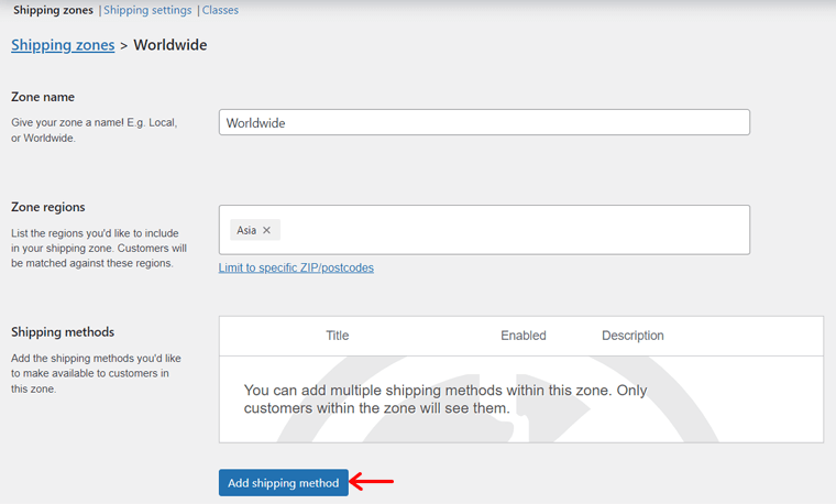 Click the Add Shipping Method Button