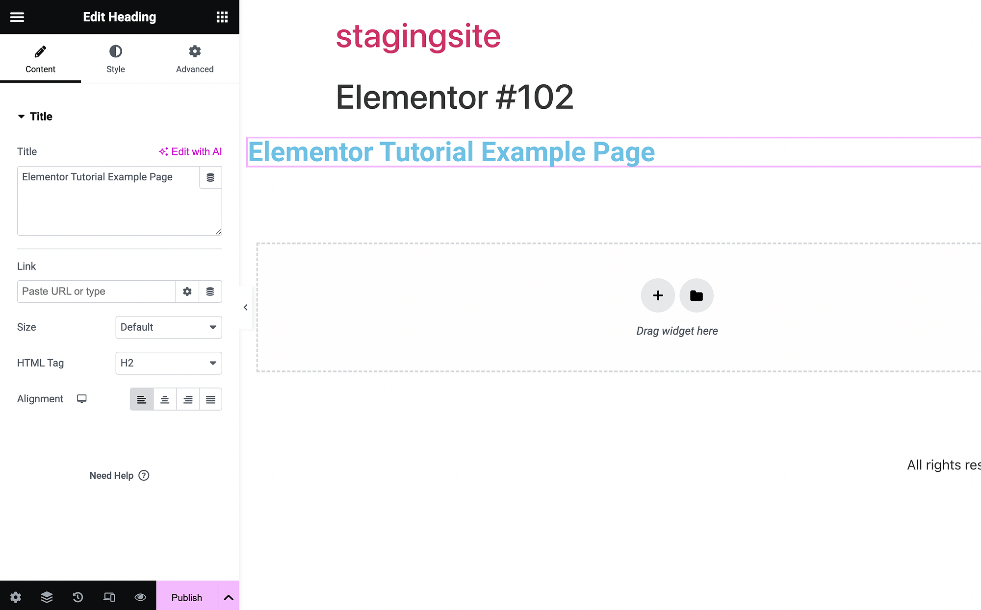 Elementor tutorial on modifying heading widgets.