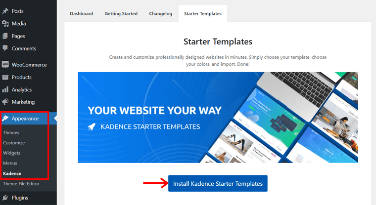 Install Kadence Starter Templates - How to Set Up a WooCommerce Store