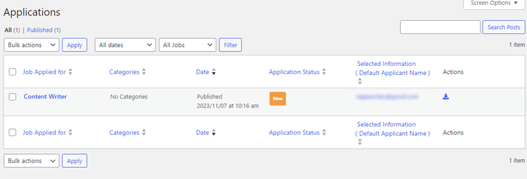 Job Application List on The Backend of the Simple Job Board Plugin