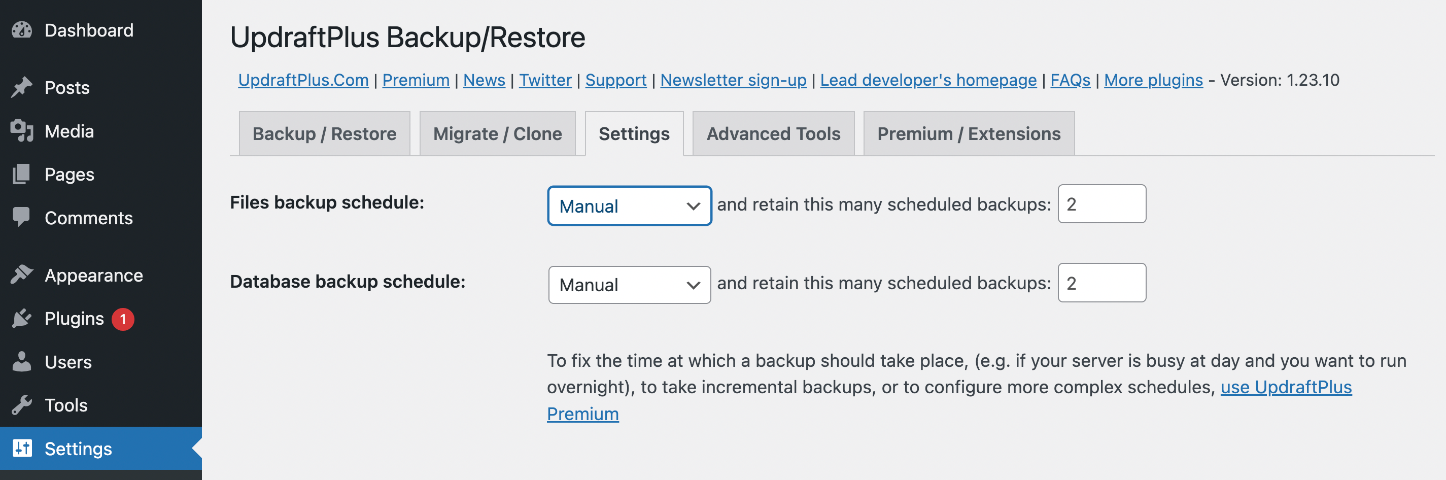 UpdraftPlus scheduling settings.