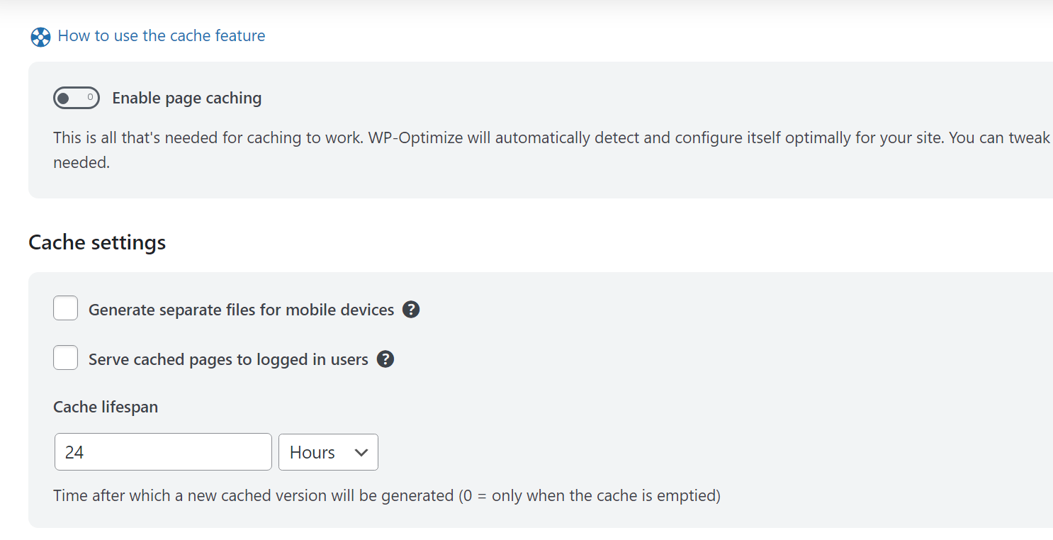 WP Optimize's caching settings.