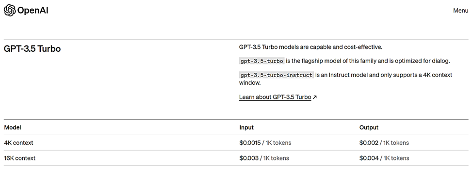ChatGPT API cost for 3.5 Turbo.