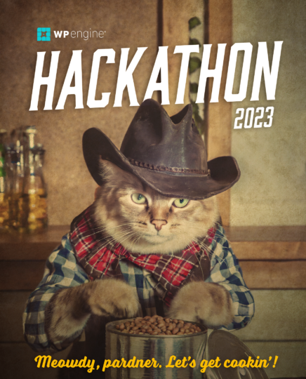 Image depicts a cowboy cat eating beans from a can. Image text reads: Hackathon 2023, Meowdy, pardner. Let's get cookin!