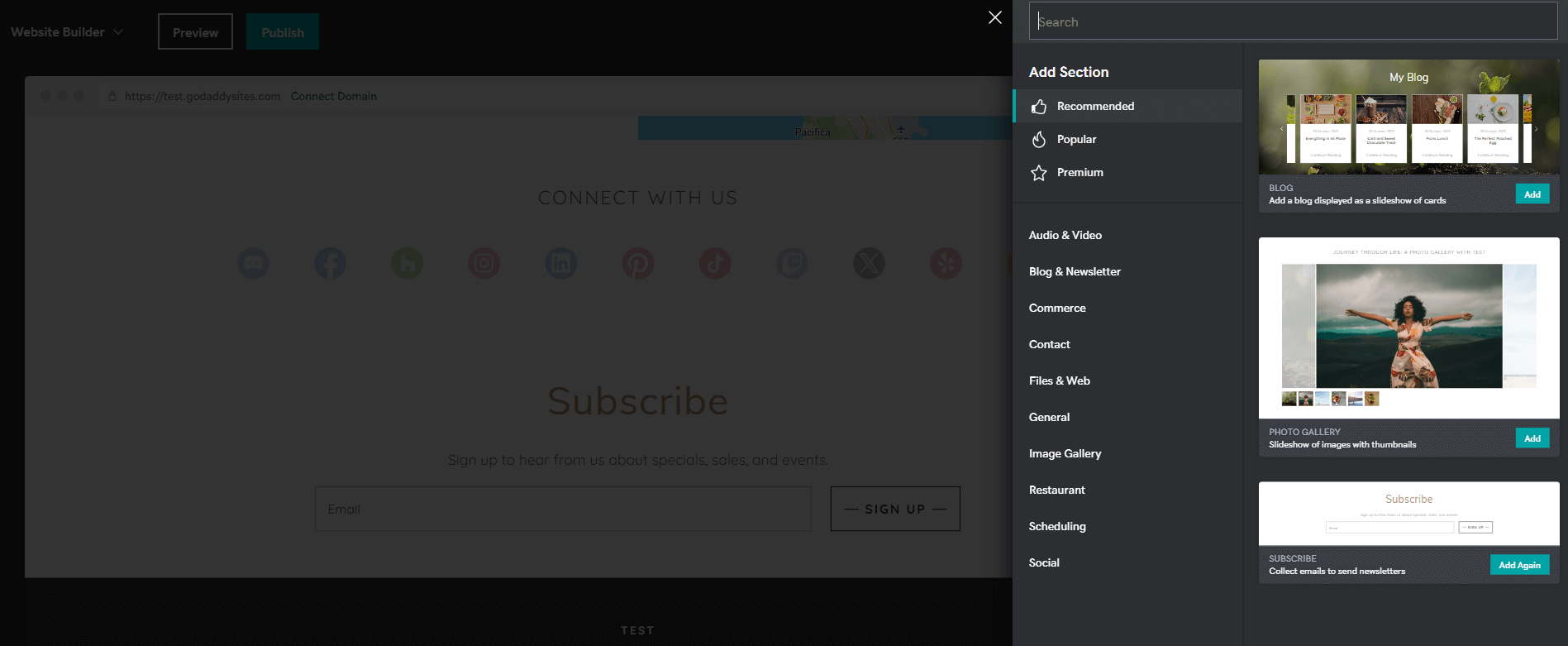GoDaddy website builder "Add Section" menu.
