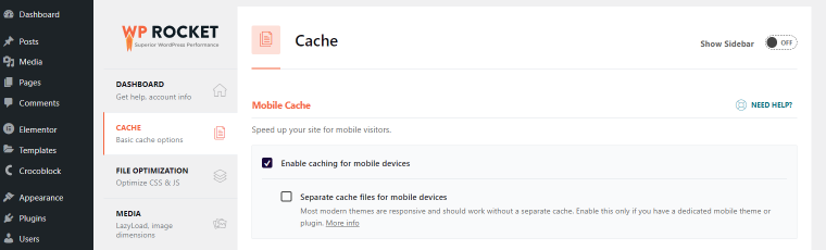 cache settings in wp rocket plugin