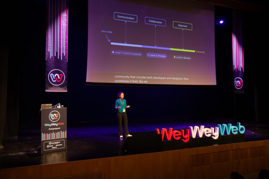 a presenter stands on stage at last year's Wey Wey Web conference