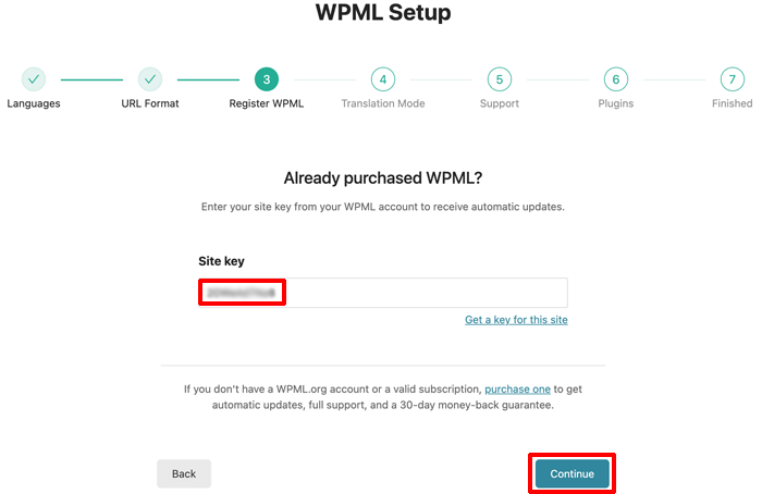 Confirming WPML Site Key