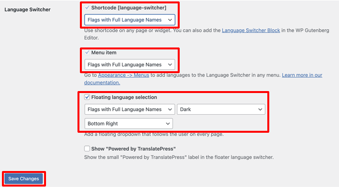 Language Switcher Settings TranslatePress