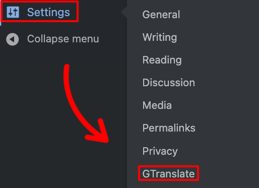 Navigation to GTranslate Settings - How to Make a Website Multilingual