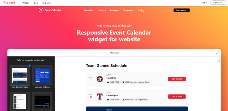 Elfsight Event Calendar widget main page